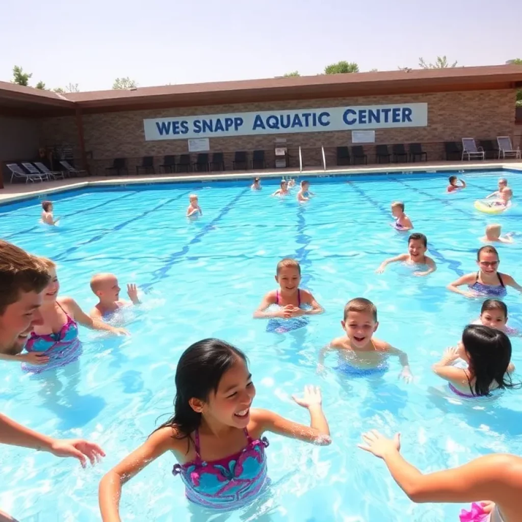 Sign of Wes Snapp Aquatic Center with families swimming