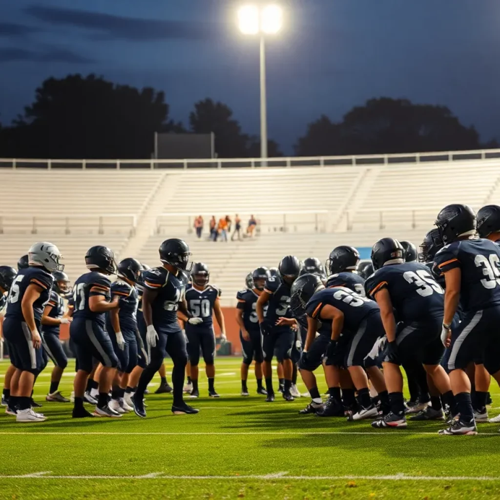 High school football teams preparing for a game under stadium lights