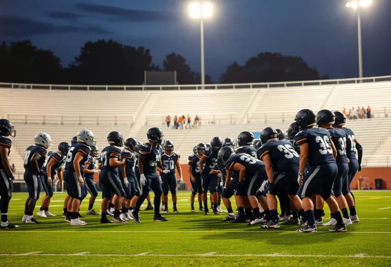 High school football teams preparing for a game under stadium lights