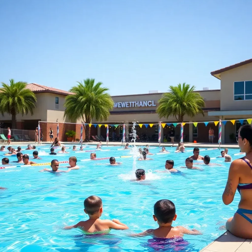 Families enjoying the swimming pool at Weston Ranch High School on a sunny day.