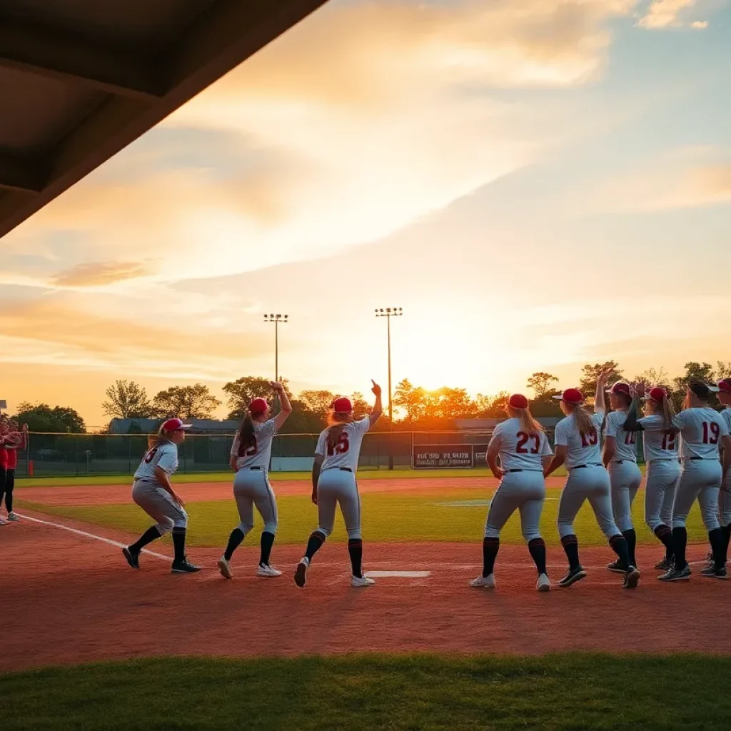 Softball team playing on the field during sunset