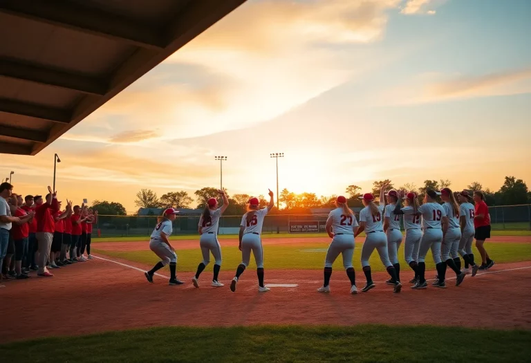 Softball team playing on the field during sunset