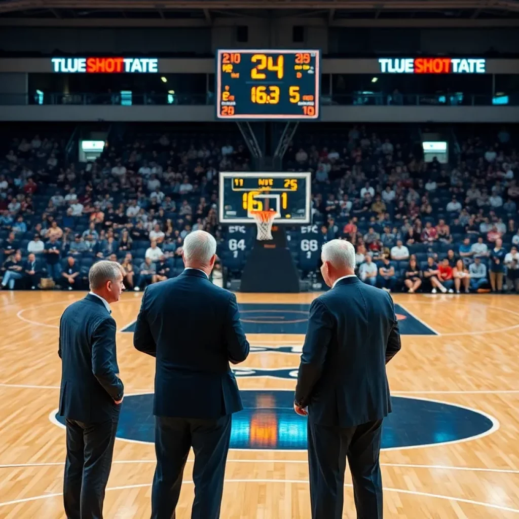 Basketball court with coaches and disappointed fans