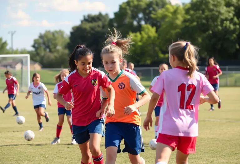 Girls soccer players energetically playing on the field in Wichita.