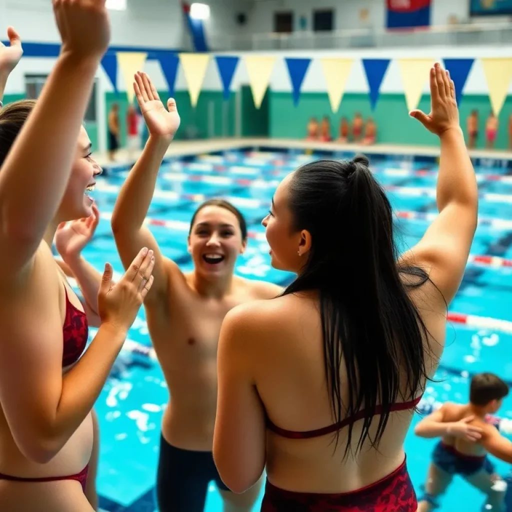 High school girls swimming team celebrating achievements on the pool deck