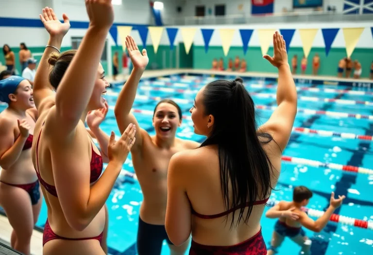 High school girls swimming team celebrating achievements on the pool deck