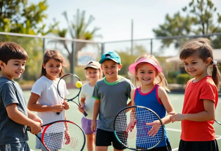 Children engaging in a tennis game, promoting community spirit and teamwork.