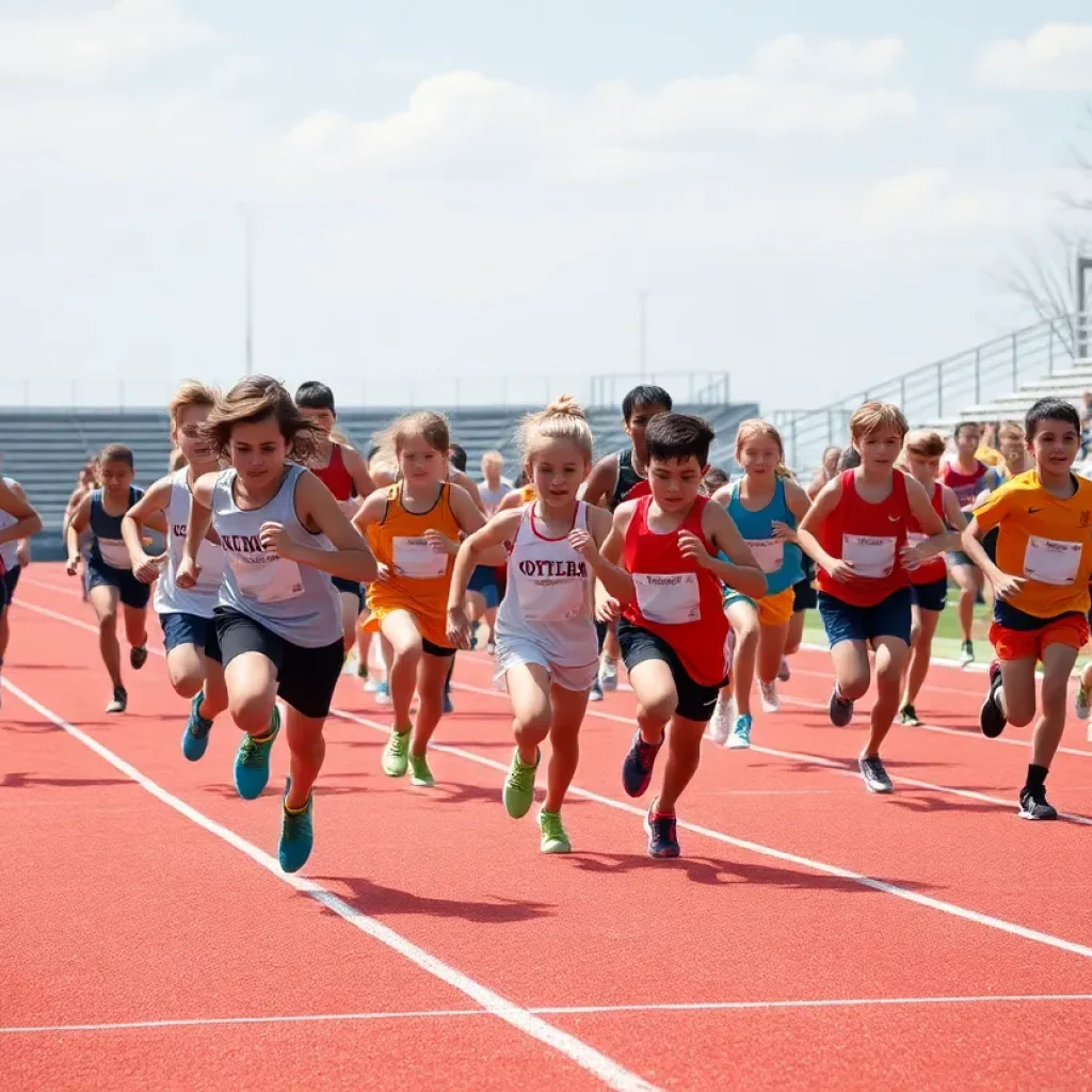 Young athletes racing on a track, filled with energy and enthusiasm.