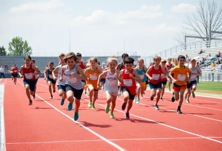 Young athletes racing on a track, filled with energy and enthusiasm.