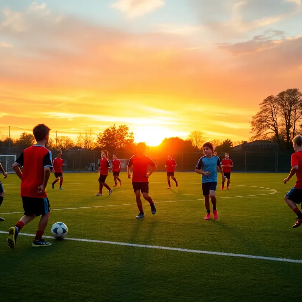 Young soccer players practicing on a field at sunset.