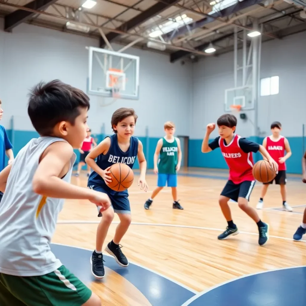Young basketball players training together