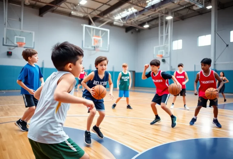 Young basketball players training together