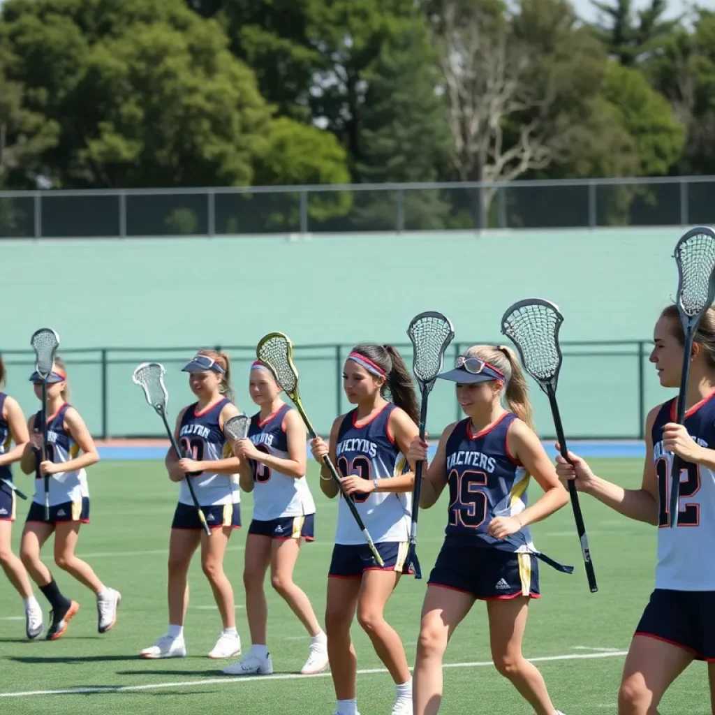 Young girls practicing lacrosse together on the field