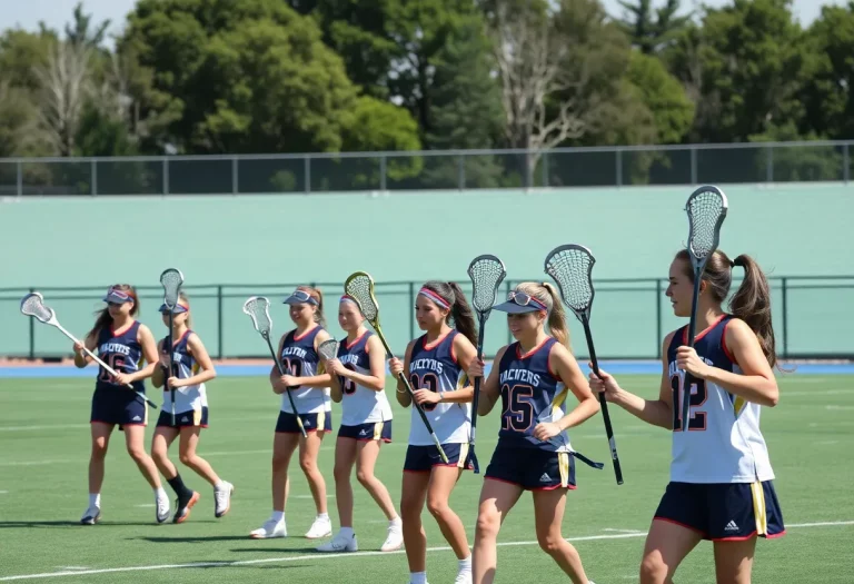 Young girls practicing lacrosse together on the field