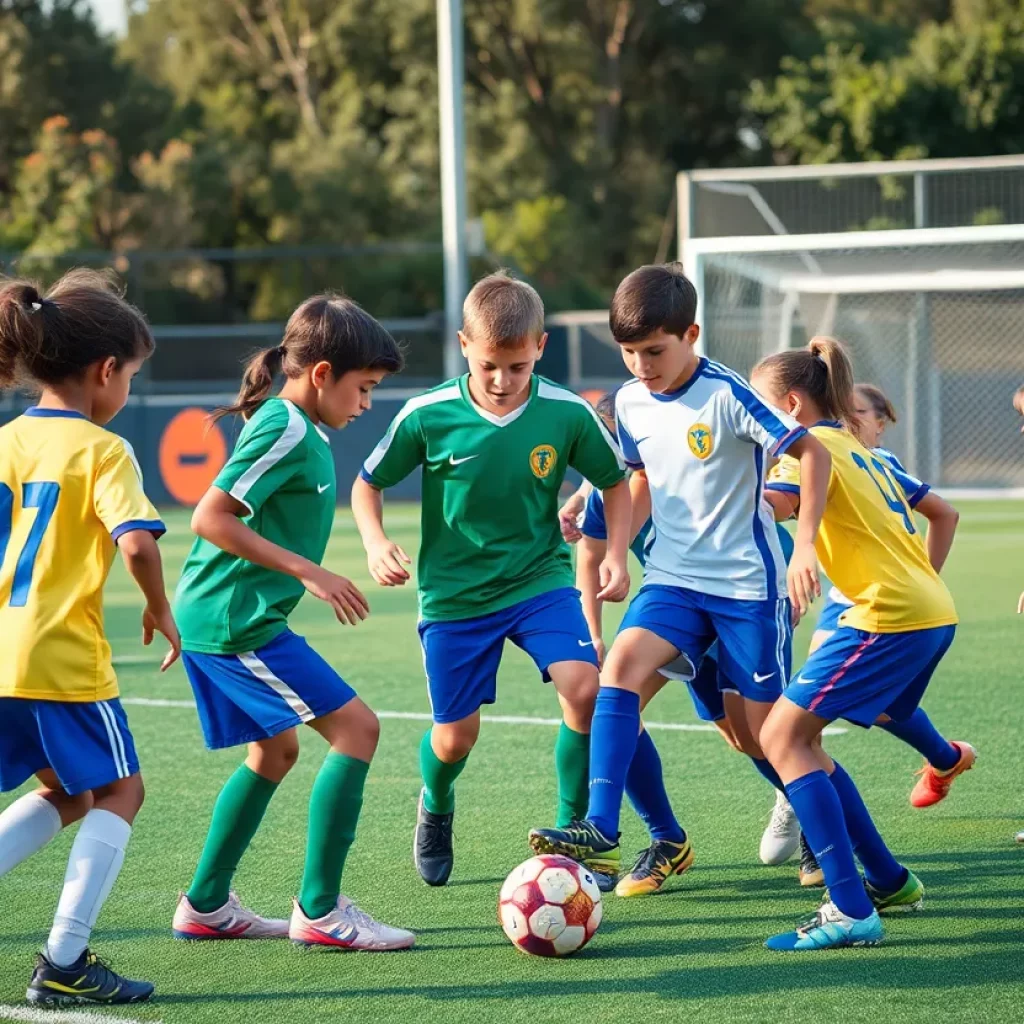 Young athletes participating in a soccer clinic, promoting teamwork and leadership.