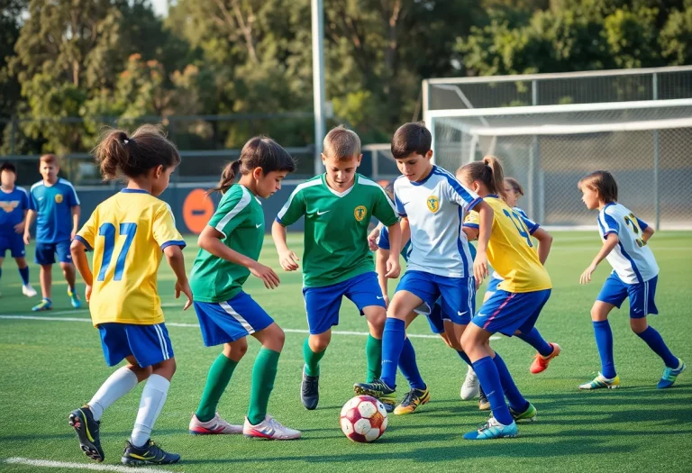 Young athletes participating in a soccer clinic, promoting teamwork and leadership.
