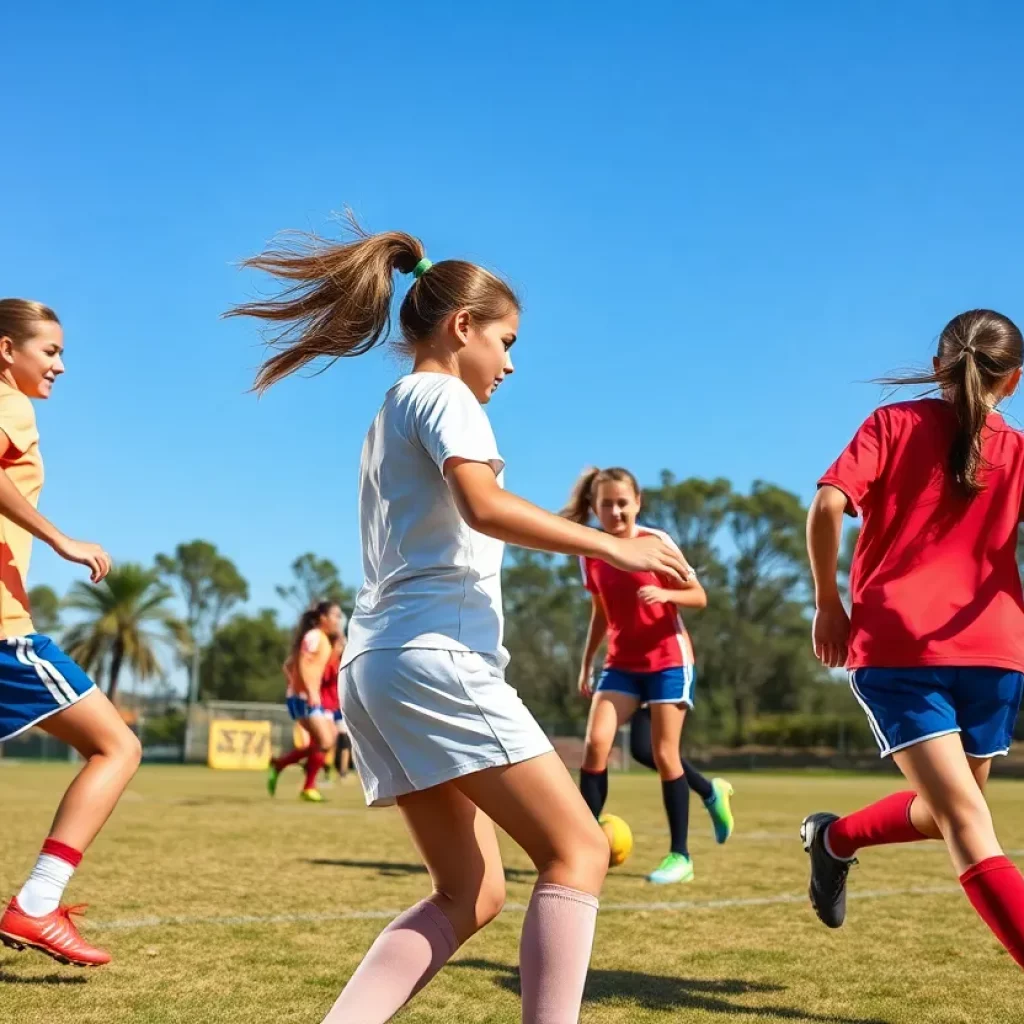 Group of young female soccer players playing on a field