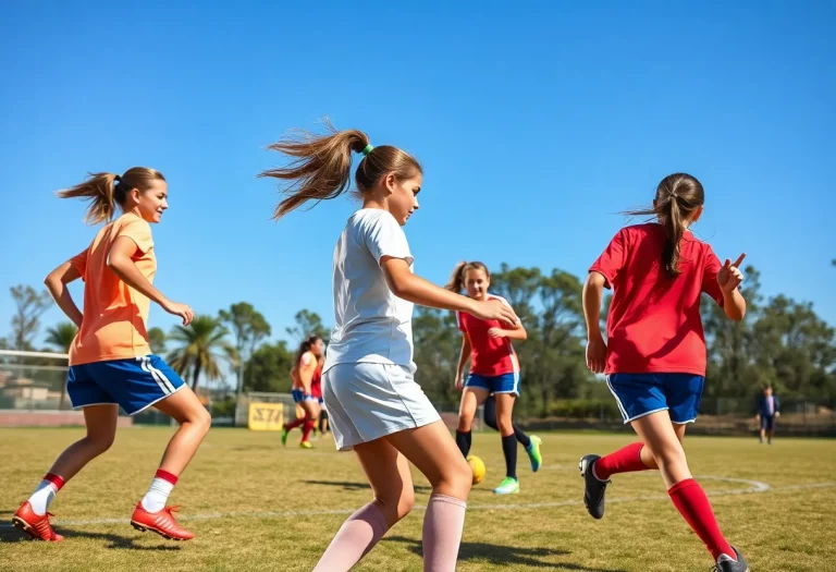 Group of young female soccer players playing on a field