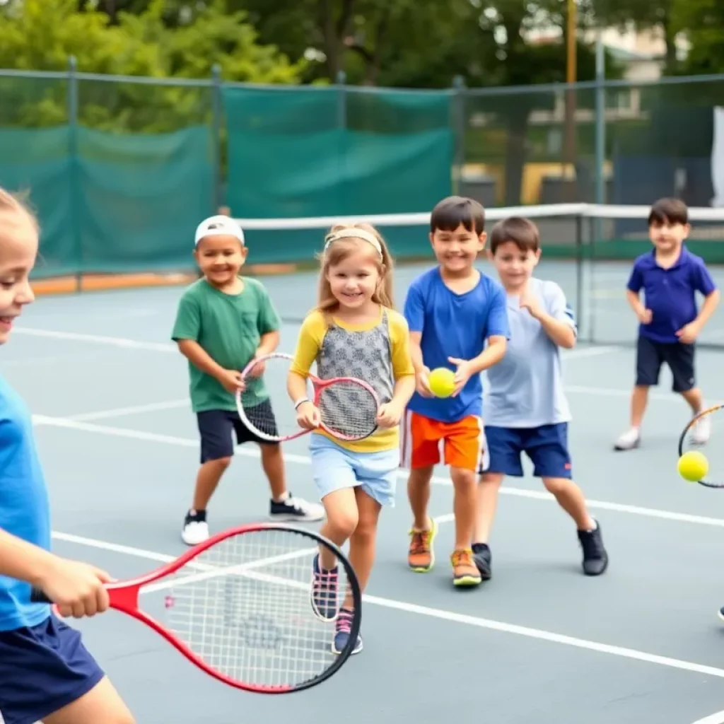 Children playing tennis together on a community court