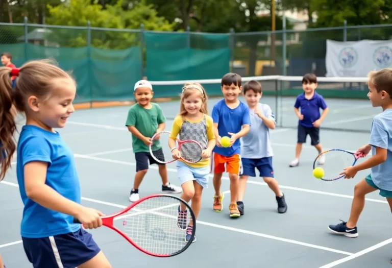 Children playing tennis together on a community court