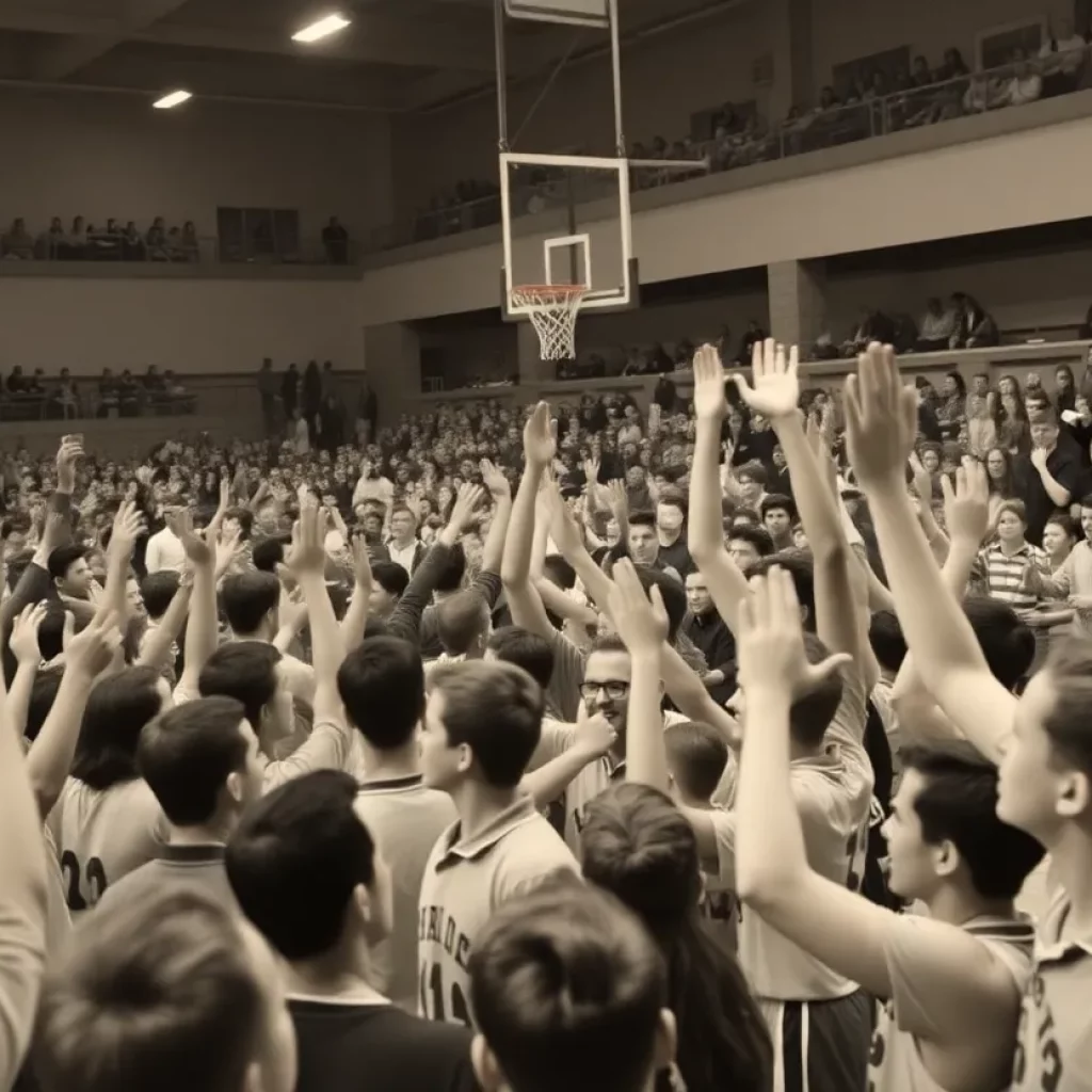 A historic basketball championship celebration at Wellington with fans cheering.
