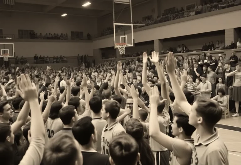 A historic basketball championship celebration at Wellington with fans cheering.