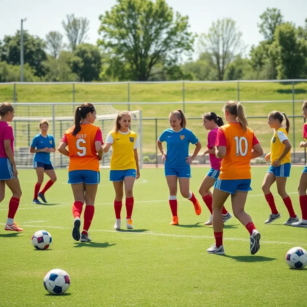High school girls soccer players warming up on the field