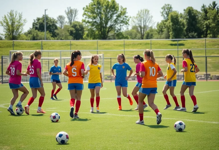 High school girls soccer players warming up on the field