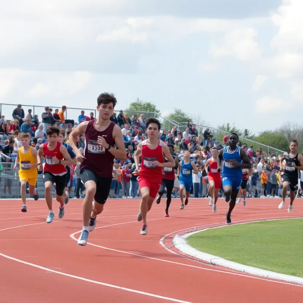 Athletes in action at a high school track and field event.