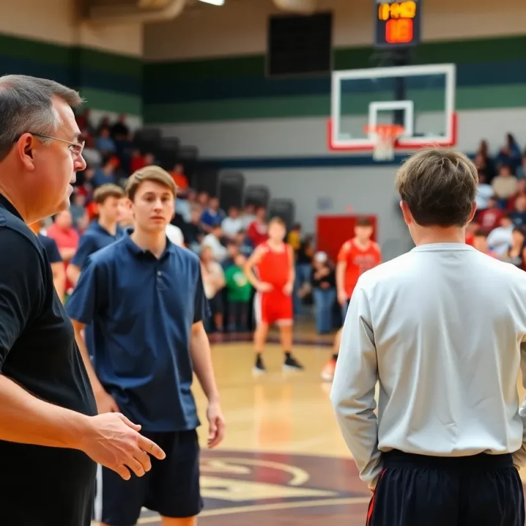 Boys basketball team on the court during a game at A.L. Brown High School