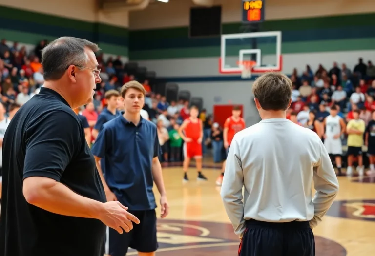 Boys basketball team on the court during a game at A.L. Brown High School