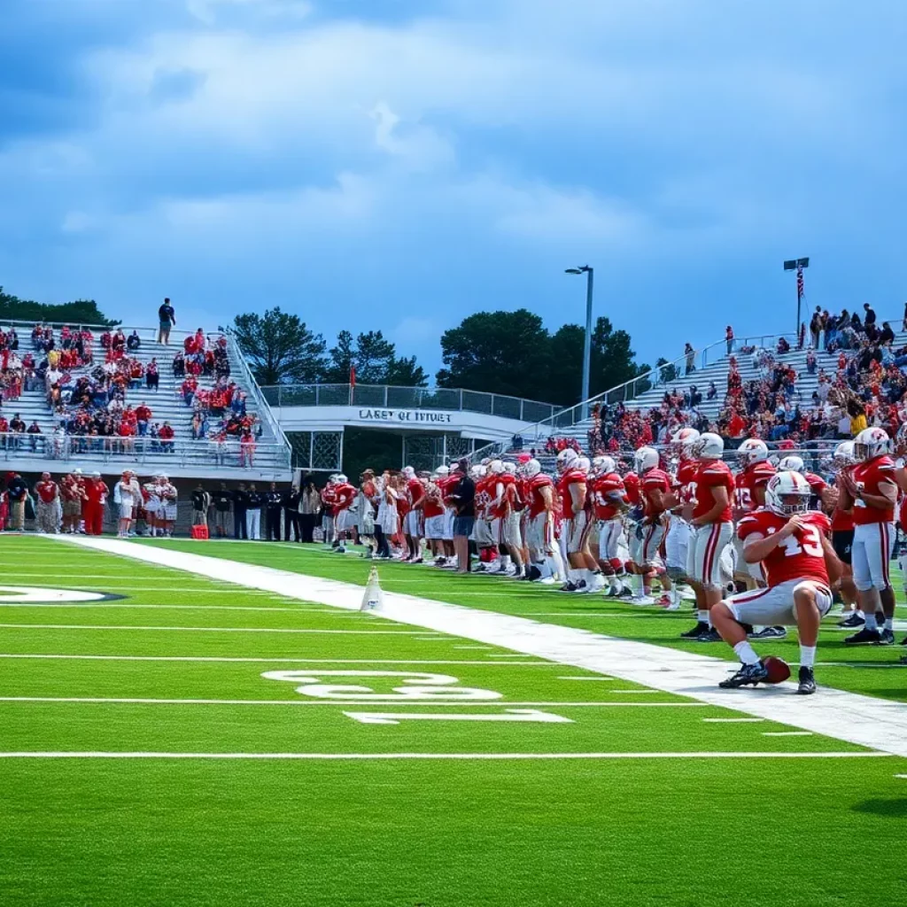 High school football players on the field during a game