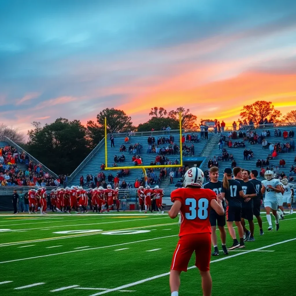 A football field during a high school game with enthusiastic fans and players in action.