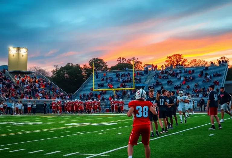 A football field during a high school game with enthusiastic fans and players in action.