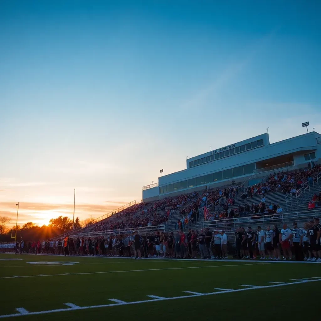 Football field illuminated for high school game with players and fans