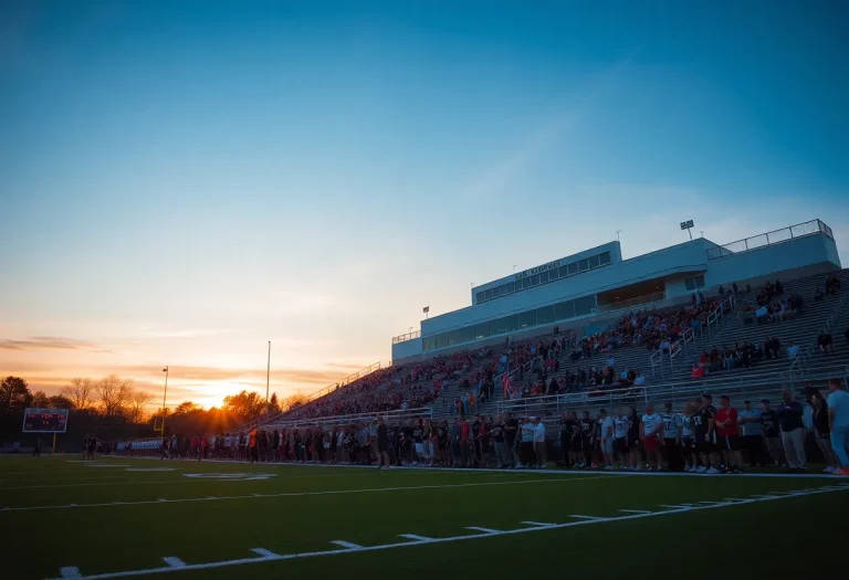 Football field illuminated for high school game with players and fans