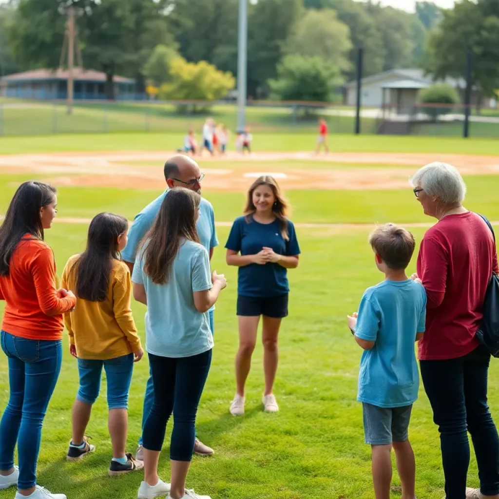 Residents discussing the reopening of the softball field in Alameda