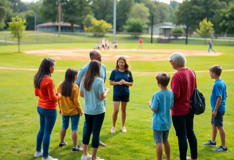 Residents discussing the reopening of the softball field in Alameda