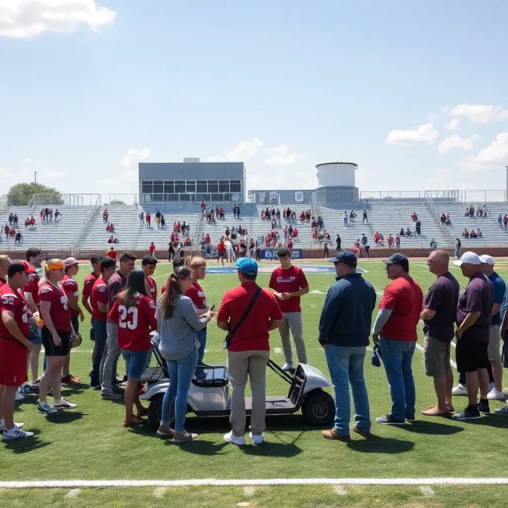 Football field at Andrew Jackson High School with community gathering