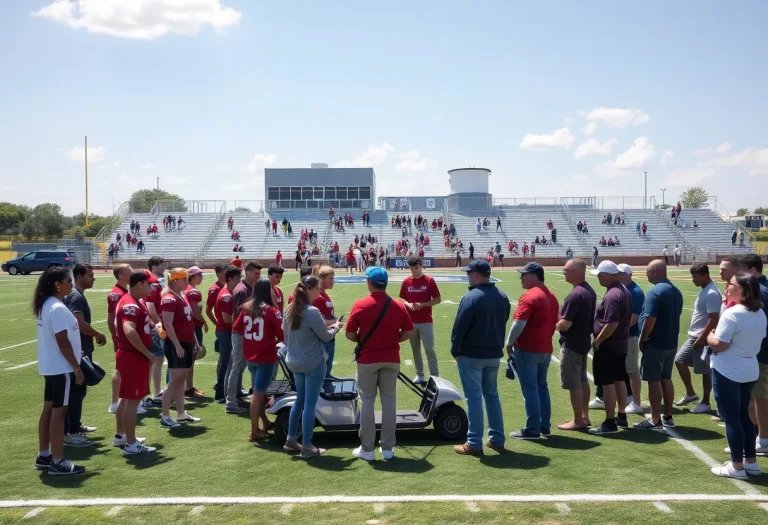 Football field at Andrew Jackson High School with community gathering