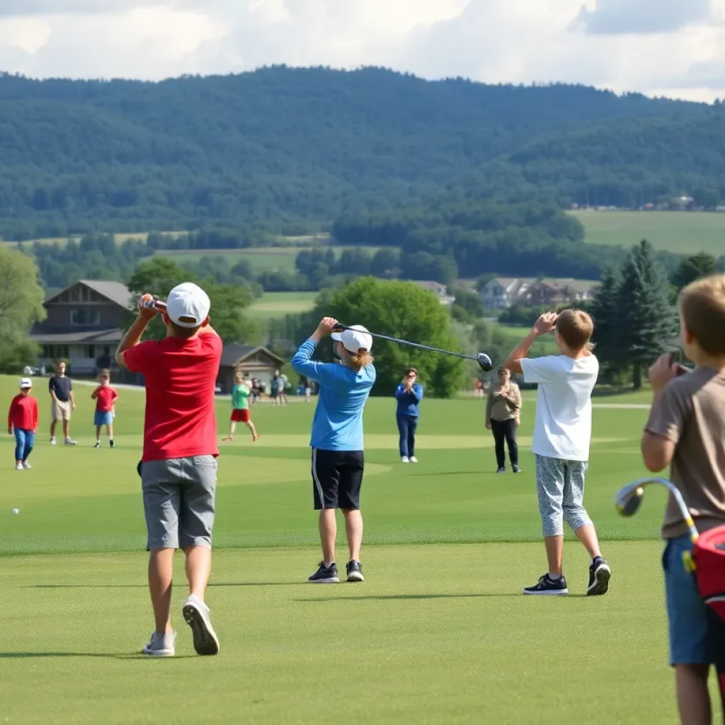 Young golfers practicing on a lush green golf course.