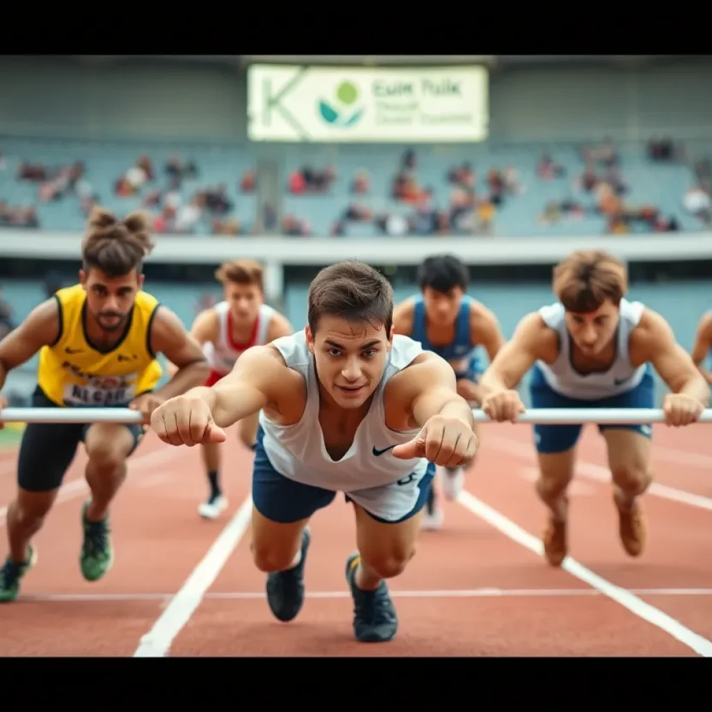 Athlete competing in shot put during a track and field event.