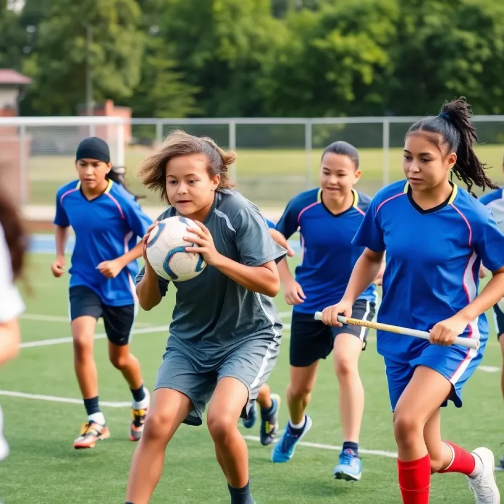 Diverse athletes competing on a school sports field
