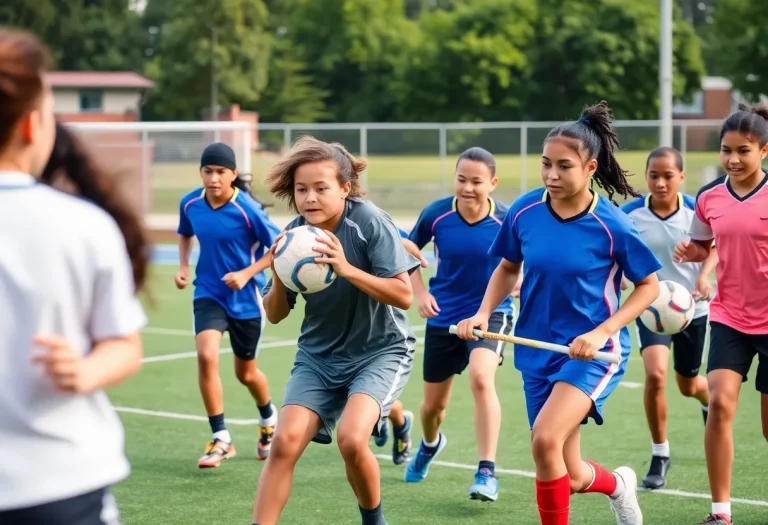 Diverse athletes competing on a school sports field