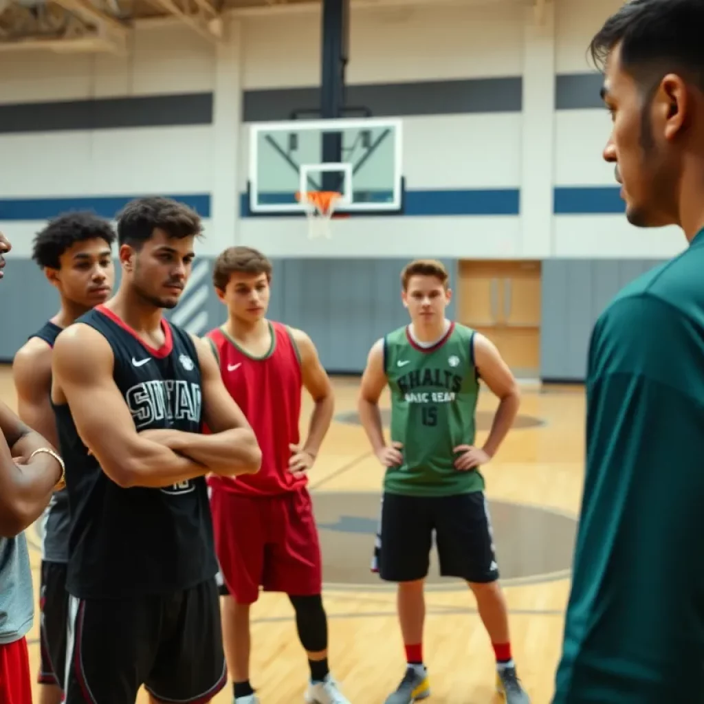 Group of athletes in a gym concerned about player safety with basketball equipment in the background.