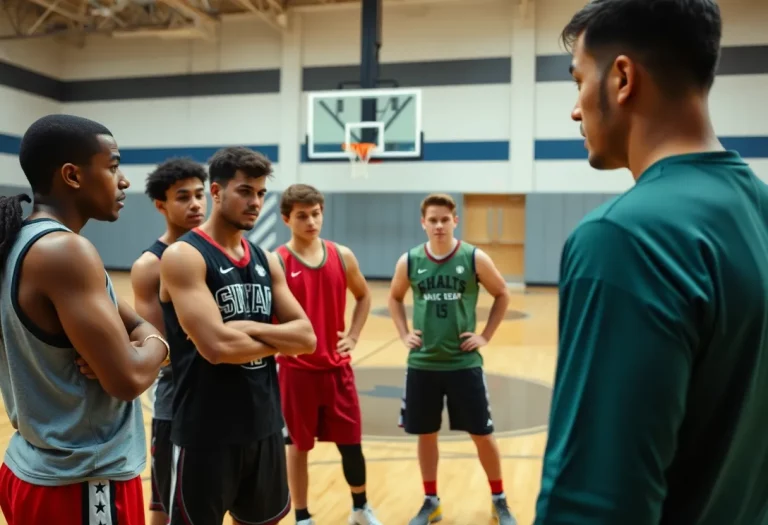 Group of athletes in a gym concerned about player safety with basketball equipment in the background.