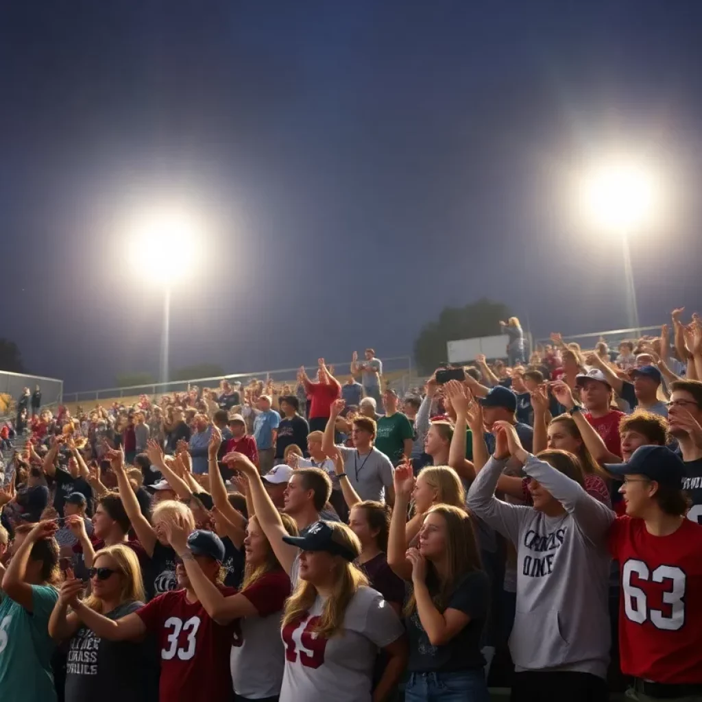 High school football fans cheering under stadium lights