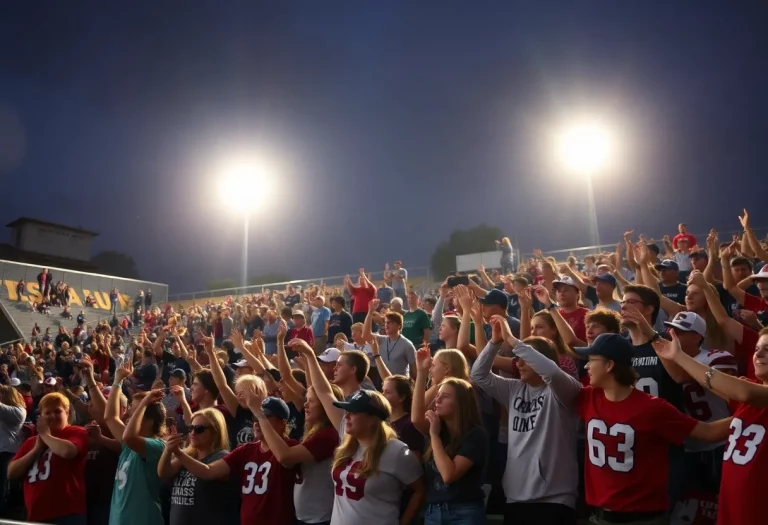 High school football fans cheering under stadium lights