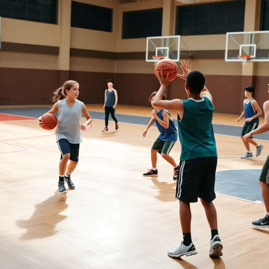 Young basketball players practicing skills on the court