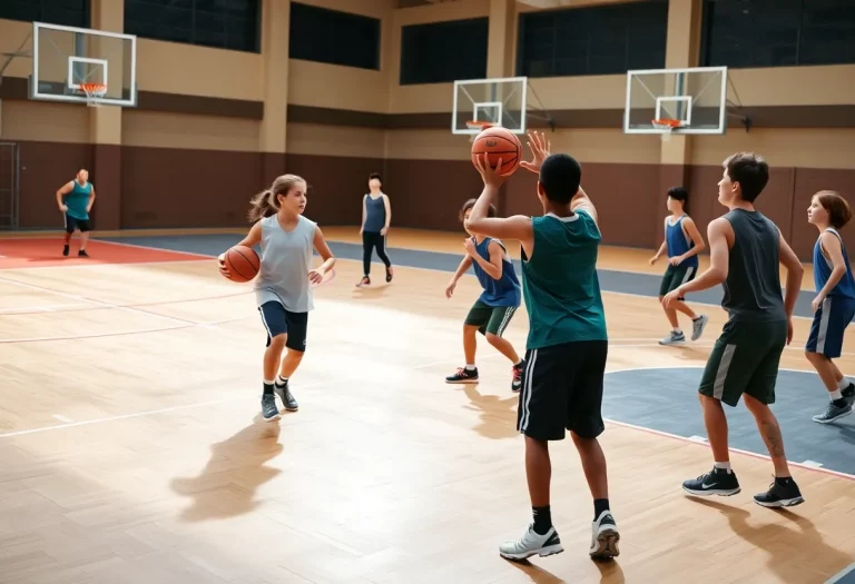 Young basketball players practicing skills on the court